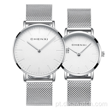 076 CHENXI Casal Relógios Simples e Literal Moda Relógio Mostrador Luxo Full Mesh Malha Pulseira de Quartzo